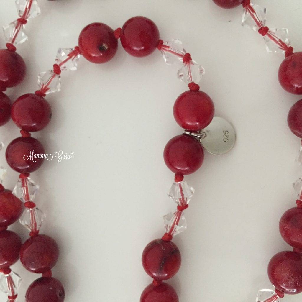 Mamma Guru: Collana Mala con Swarovski Originali, Corallo Bambù, Nappa in Seta