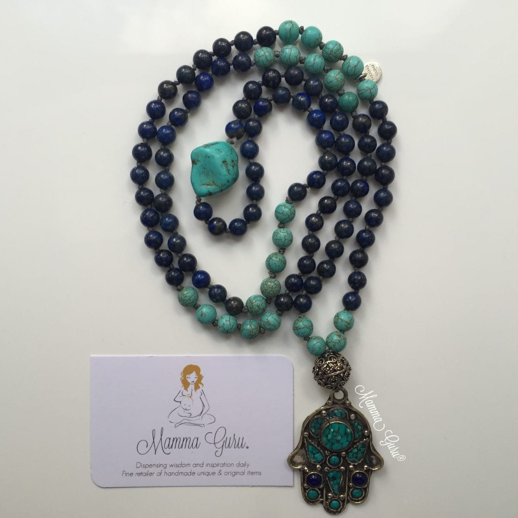 Mamma Guru: Collana Mala con Mano di Fatima, Howlite, Lapislazzuli, Turchese