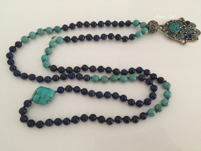 Mamma Guru: Collana Mala con Mano di Fatima, Howlite, Lapislazzuli, Turchese