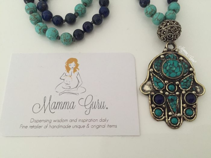 Mamma Guru: Collana Mala con Mano di Fatima, Howlite, Lapislazzuli, Turchese