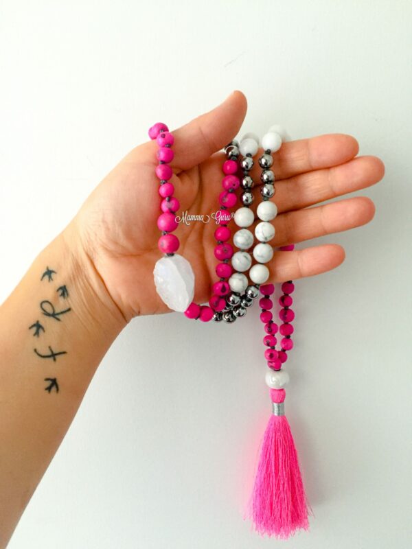 Japa Mala Nappa Fucsia Semi di Açai Ematite Agata Cristallo di Rocca